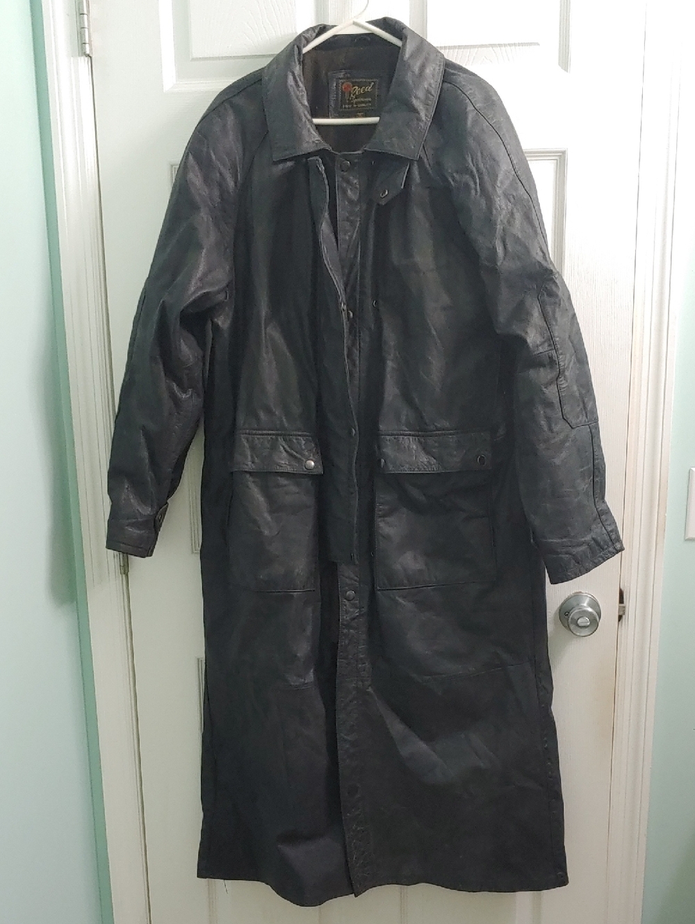 Vintage Black Leather Long Riding Coat Reed Sportswear Trench Unisex Size L